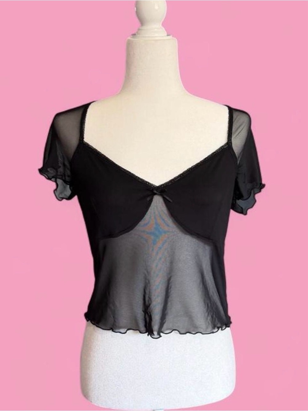 Y2K Style Black Sheer Short Sleeve Blouse with Lace and Bow Detail by H&M Size M